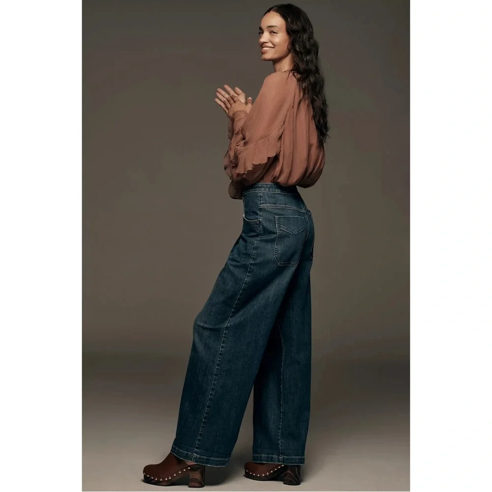Anthropologie Pilcro Emory Pleated High Rise Wide Leg Trouser Jeans Dark Wash 28 - Picture 2 of 9